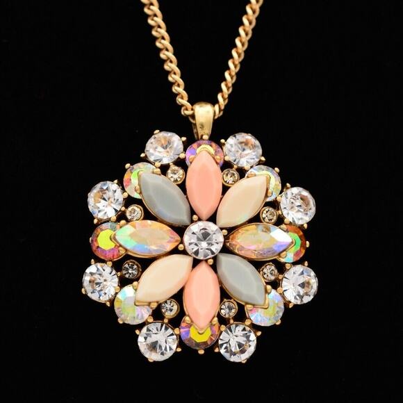 J. Crew Crystal Pendant Necklace Multi-Color Rhinestone Brushed Gold Shiny Bin3A - Picture 1 of 12